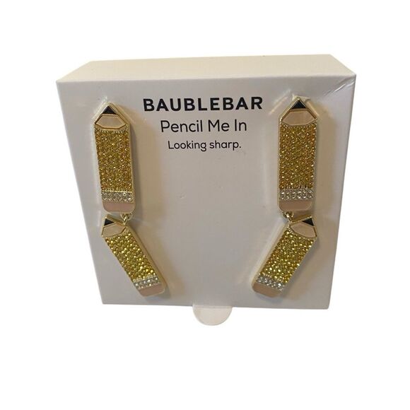 BaubleBar Pencil Me In Sparkly Gold Tone Stud Dangle Earrings. - Picture 1 of 6